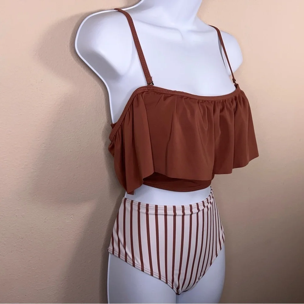 Large Tan Brown White Two Piece Swimsuit Womens Ruffle Top High Waist Striped
